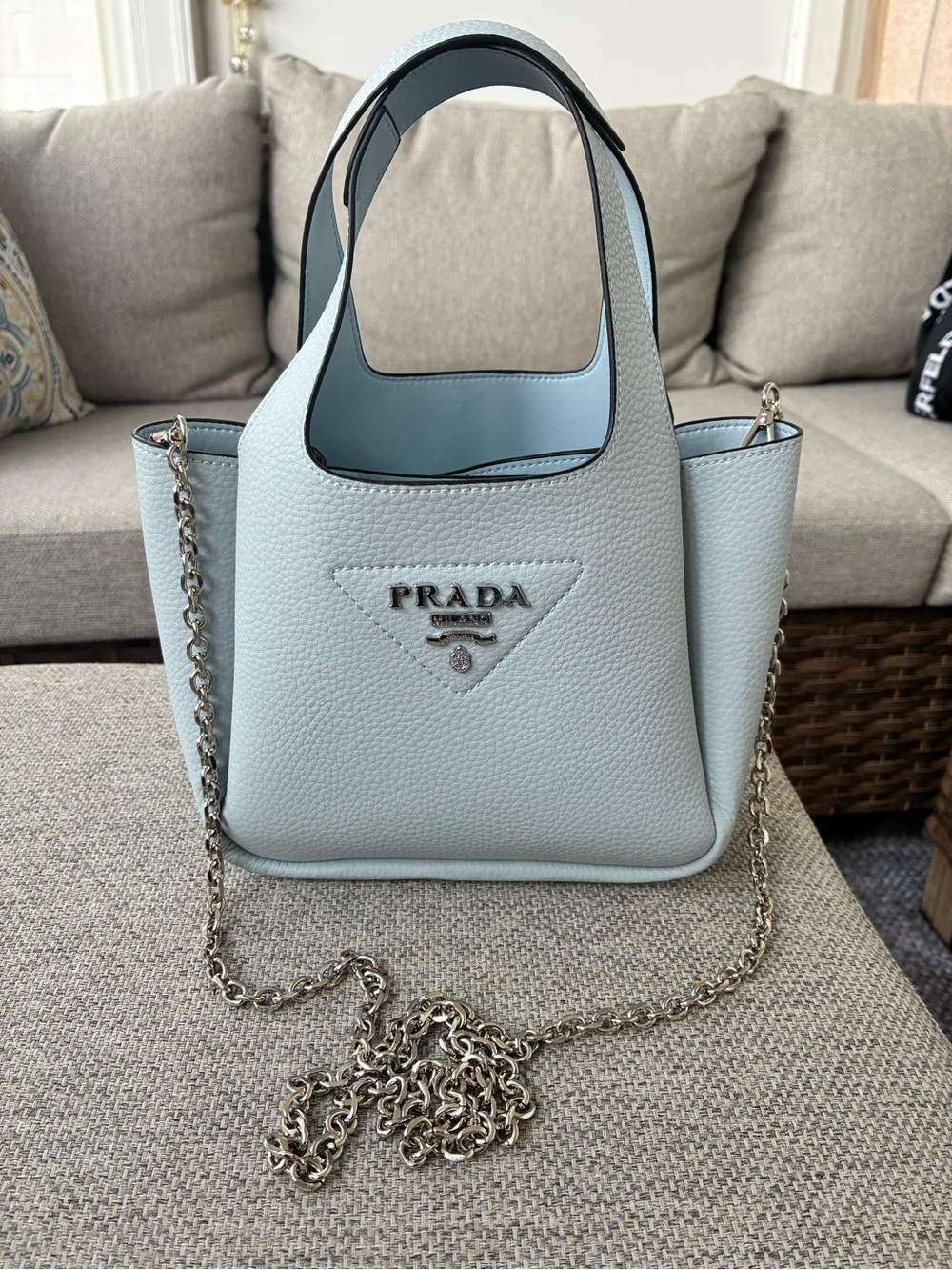 Prada Mini Tote in Pale Blue Pebbled Leather with Chain Strap